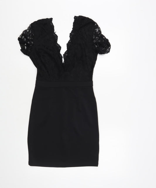 Missguided Womens Black Polyester Bodycon Size 8 V-Neck Zip - Lace Detail