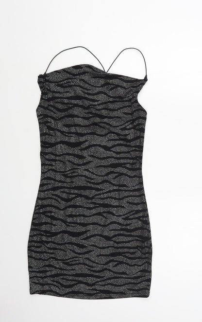 H&M Womens Black Animal Print Nylon Bodycon Size S Cowl Neck Pullover