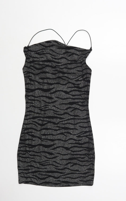 H&M Womens Black Animal Print Nylon Bodycon Size S Cowl Neck Pullover