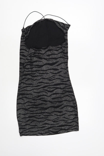 H&M Womens Black Animal Print Nylon Bodycon Size S Cowl Neck Pullover