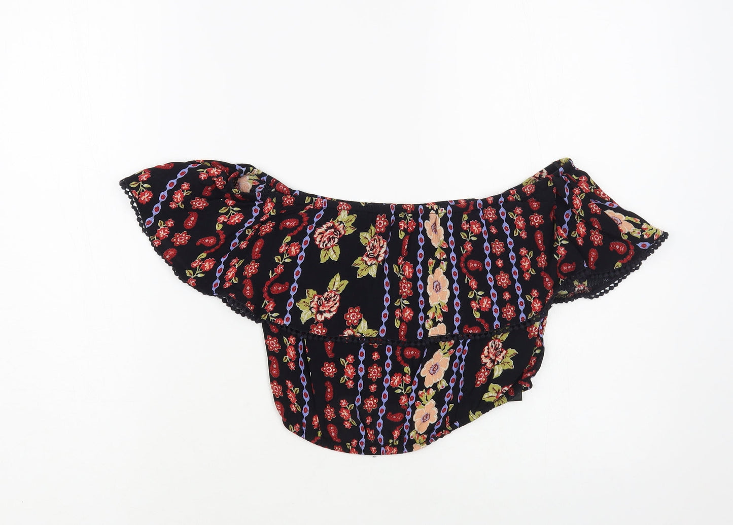 Miss Selfridge Womens Black Floral Viscose Cropped Blouse Size 8 Off the Shoulder