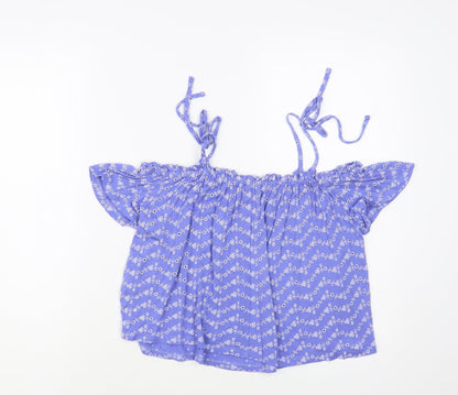 Miss Selfridge Womens Blue Floral Viscose Cropped Blouse Size 10 Off the Shoulder