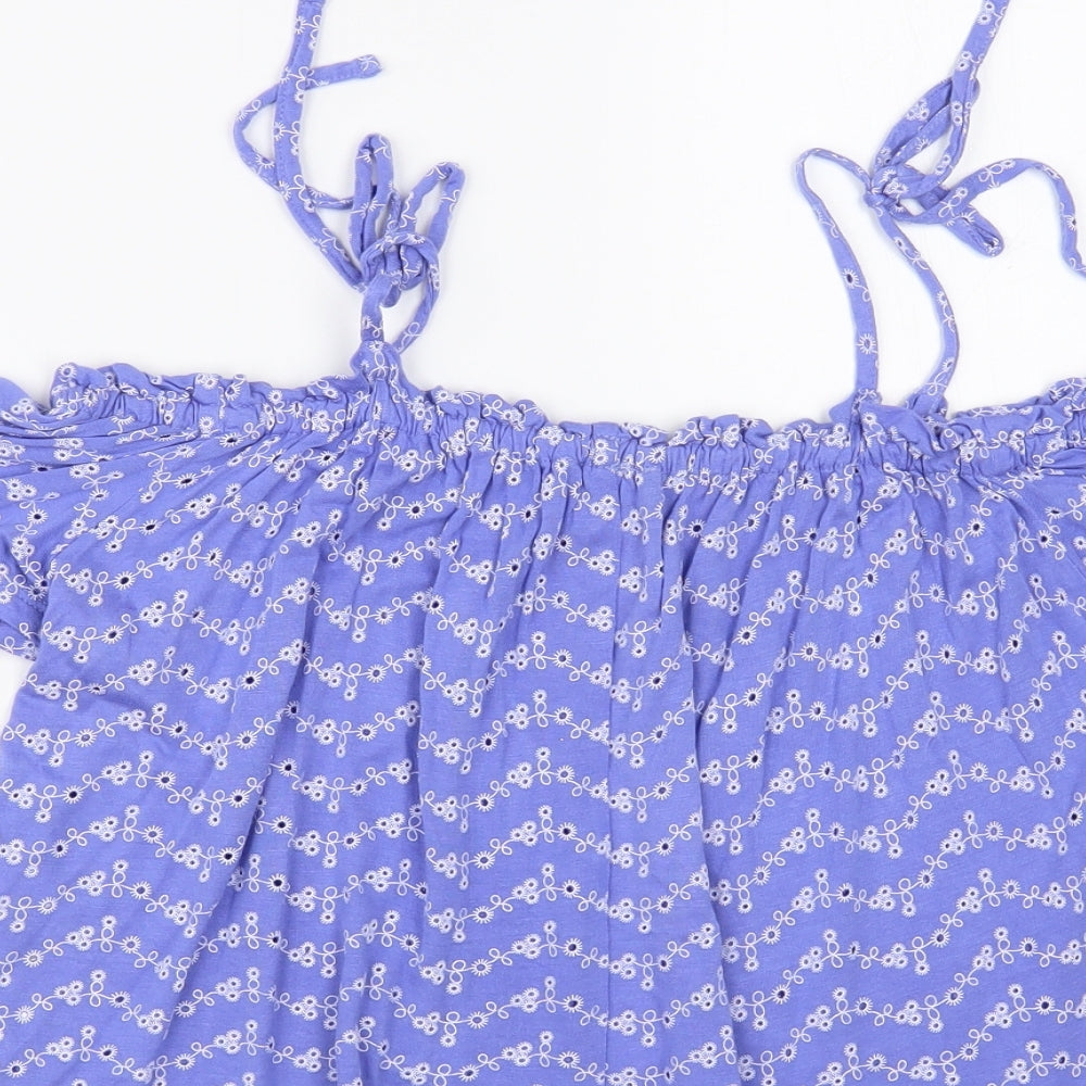 Miss Selfridge Womens Blue Floral Viscose Cropped Blouse Size 10 Off the Shoulder