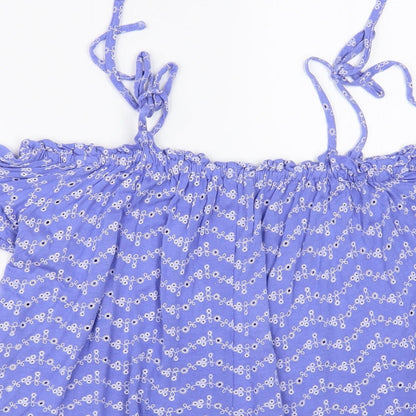 Miss Selfridge Womens Blue Floral Viscose Cropped Blouse Size 10 Off the Shoulder