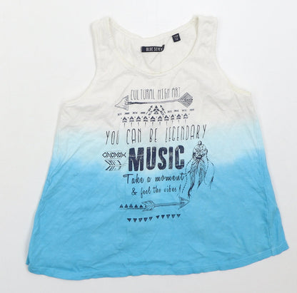 BLue Seven Girls Blue Cotton Basic Tank Size 10 Years Round Neck Pullover - Music