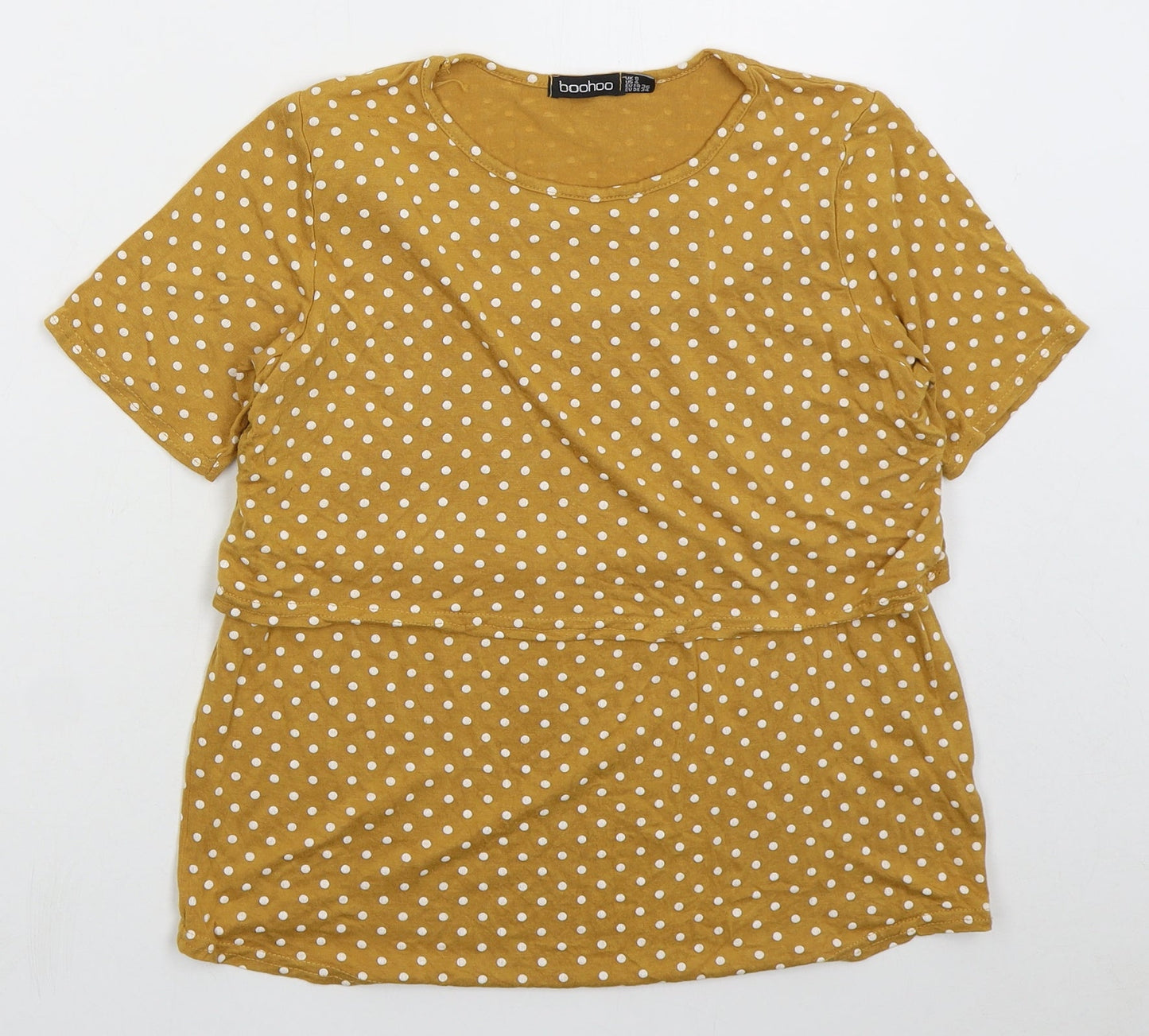 Boohoo Womens Yellow Polka Dot Viscose Basic T-Shirt Size 8 Crew Neck