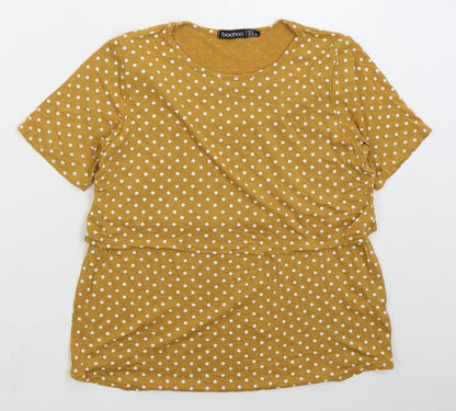 Boohoo Womens Yellow Polka Dot Viscose Basic T-Shirt Size 8 Crew Neck