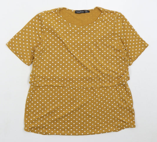 Boohoo Womens Yellow Polka Dot Viscose Basic T-Shirt Size 8 Crew Neck