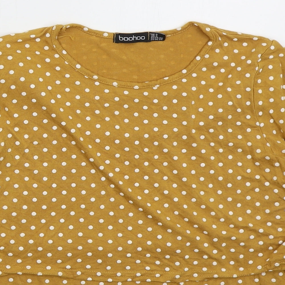 Boohoo Womens Yellow Polka Dot Viscose Basic T-Shirt Size 8 Crew Neck