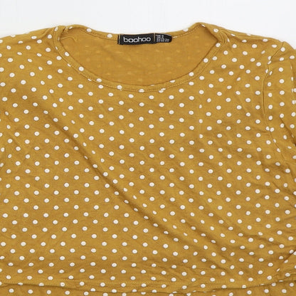 Boohoo Womens Yellow Polka Dot Viscose Basic T-Shirt Size 8 Crew Neck