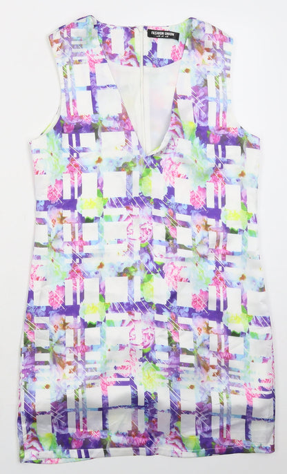 Fashion Union Womens White Check Polyester Mini Size 10 V-Neck Zip