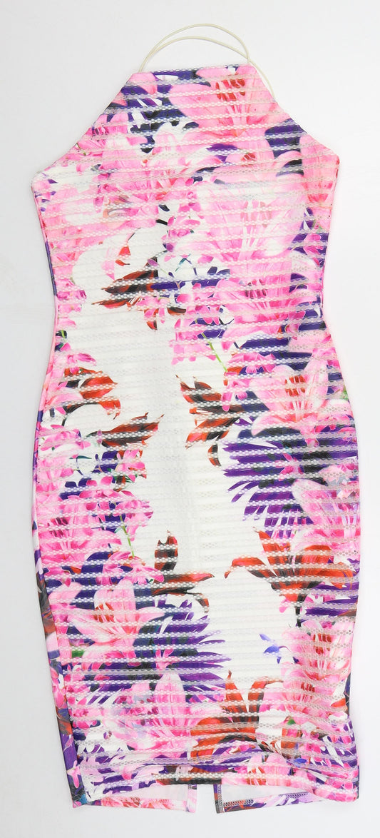 QED London Womens Pink Floral Polyester Bodycon Size 10 Halter Zip
