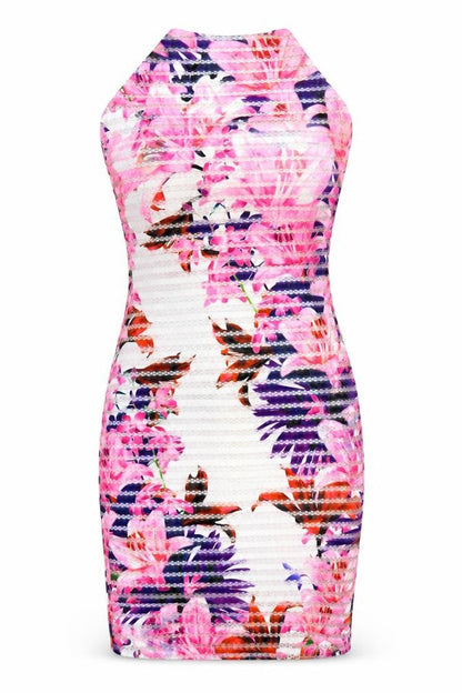 QED London Womens Pink Floral Polyester Bodycon Size 10 Halter Zip