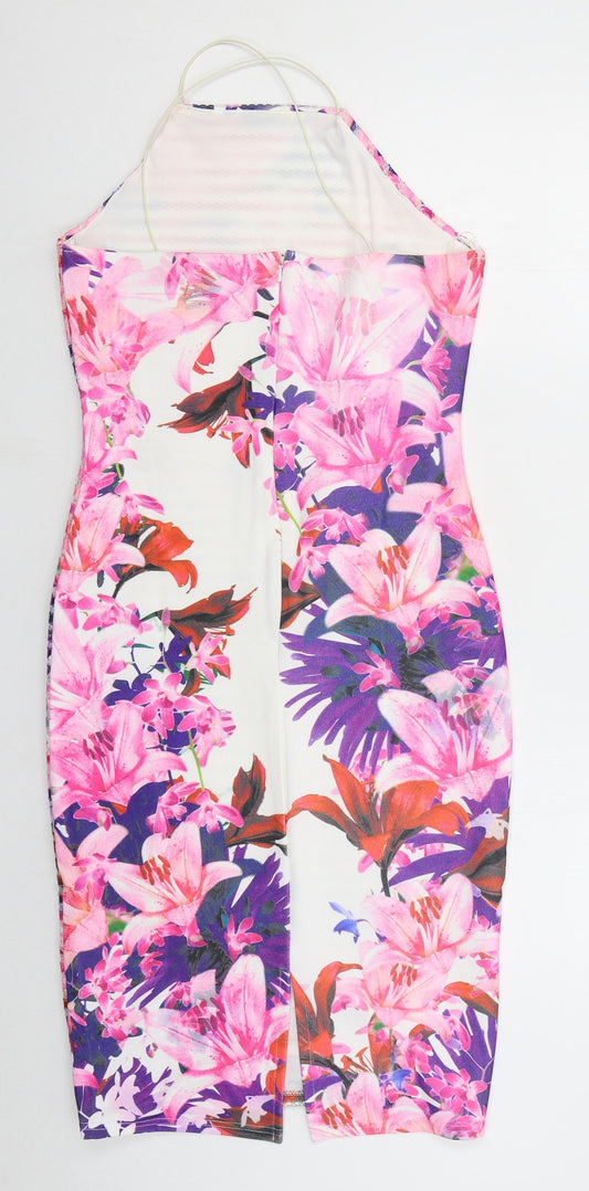 QED London Womens Pink Floral Polyester Bodycon Size 10 Halter Zip