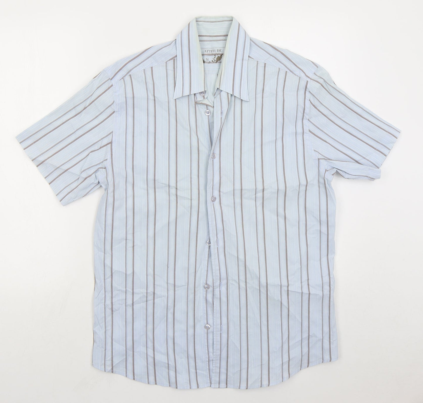 Attitude Mens Blue Striped Cotton Button-Up Size M Collared Button