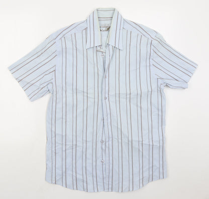 Attitude Mens Blue Striped Cotton Button-Up Size M Collared Button
