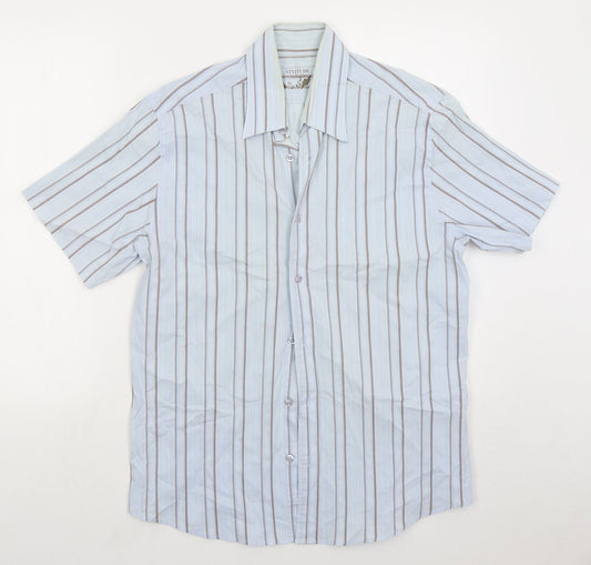 Attitude Mens Blue Striped Cotton Button-Up Size M Collared Button