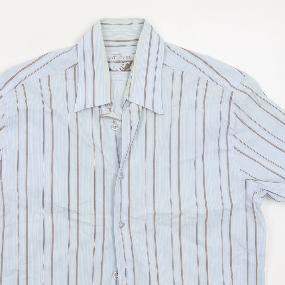 Attitude Mens Blue Striped Cotton Button-Up Size M Collared Button