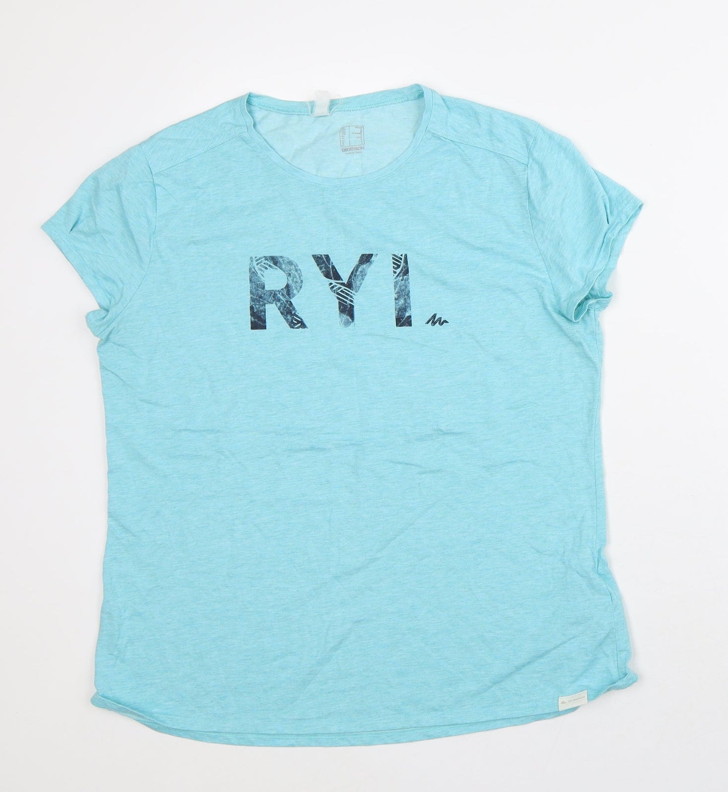 DECATHLON Womens Blue Geometric Polyester Basic T-Shirt Size L Round Neck