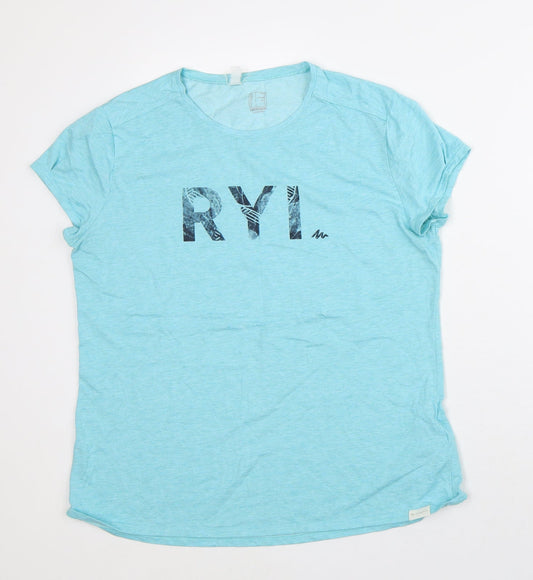 DECATHLON Womens Blue Geometric Polyester Basic T-Shirt Size L Round Neck