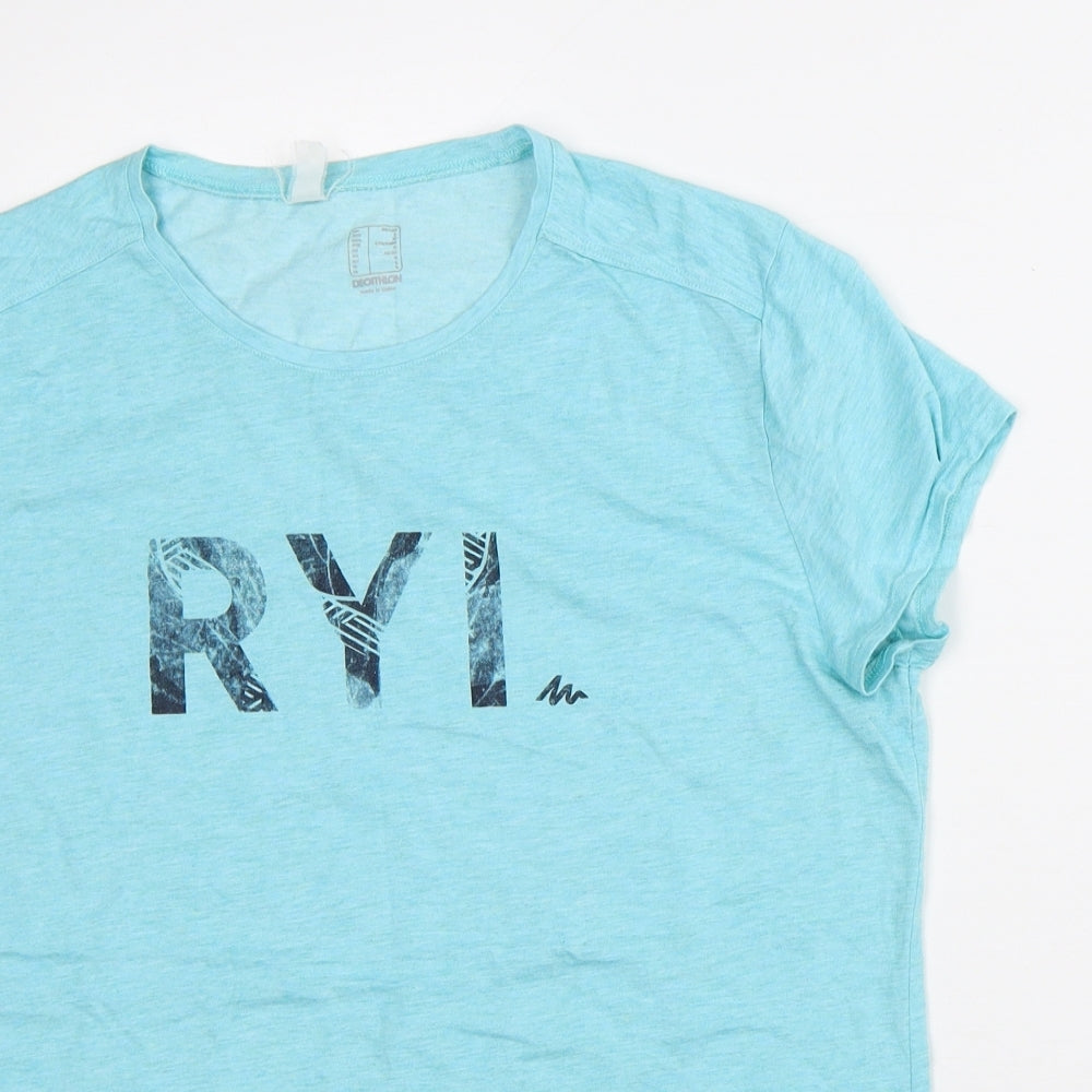 DECATHLON Womens Blue Geometric Polyester Basic T-Shirt Size L Round Neck