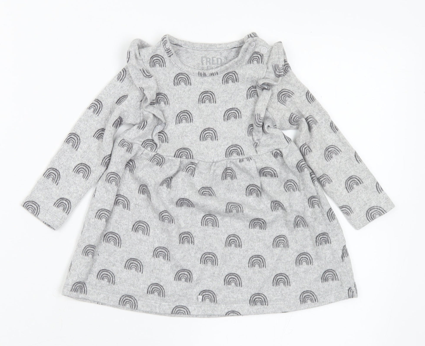F&F Girls Grey Geometric Viscose Jumper Dress Size 6-9 Months Round Neck - Rainbows