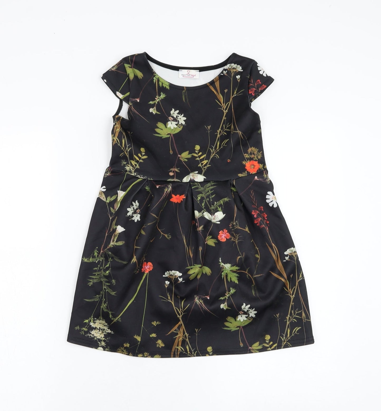 Want That Trend Girls Black Floral Polyester Skater Dress Size 6-7 Years Round Neck Pullover