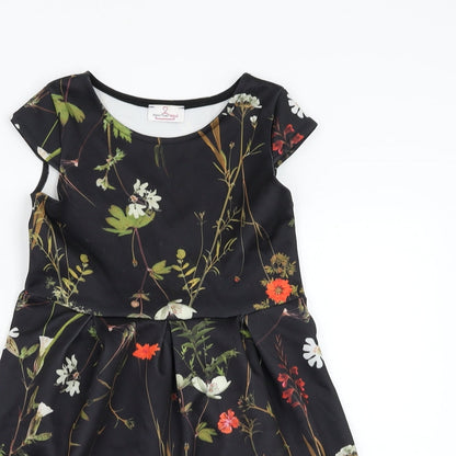 Want That Trend Girls Black Floral Polyester Skater Dress Size 6-7 Years Round Neck Pullover