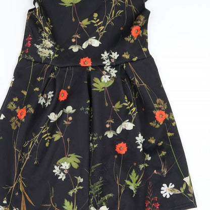 Want That Trend Girls Black Floral Polyester Skater Dress Size 6-7 Years Round Neck Pullover