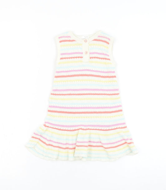 NEXT Girls White Striped Cotton Jumper Dress Size 12-18 Months Round Neck Pullover