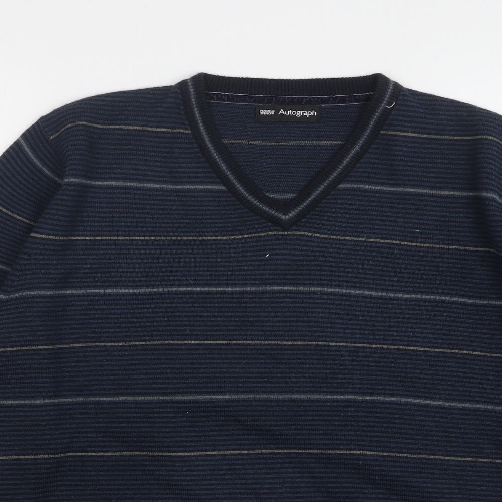 Autograph Womens Blue V-Neck Striped Acrylic Pullover Jumper Size L
