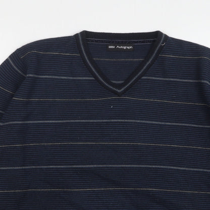 Autograph Womens Blue V-Neck Striped Acrylic Pullover Jumper Size L