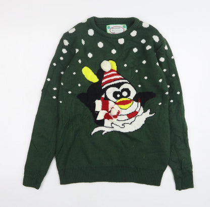 Cedar Wood State Mens Green Round Neck Polka Dot Polyester Pullover Jumper Size S - Christmas