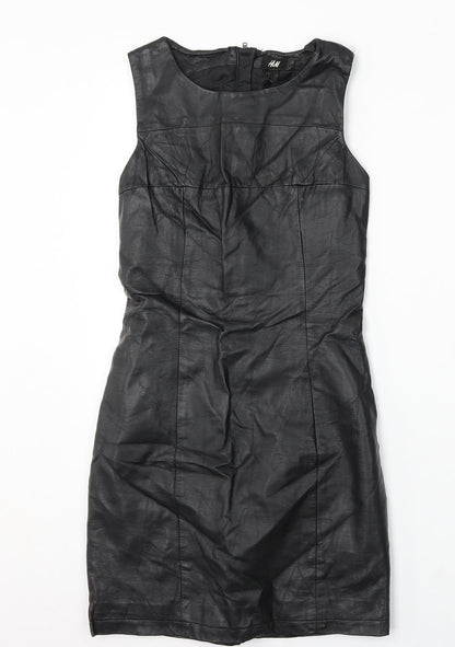 H&M Womens Black Polyurethane Pencil Dress Size 6 Round Neck