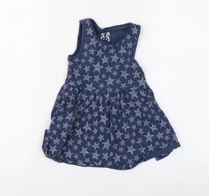 F&F Girls Blue Geometric Cotton Skater Dress Size 18-24 Months Round Neck