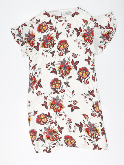 H&M Womens White Floral Polyester A-Line Size 8 Round Neck