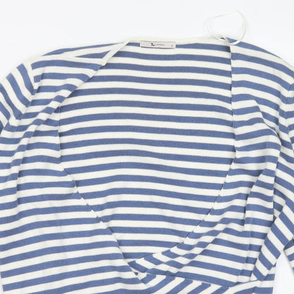 TU Womens Blue Scoop Neck Striped Cotton Pullover Jumper Size 12