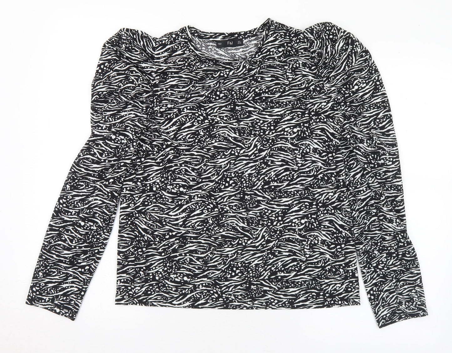 F&F Womens Black Geometric Polyester Basic Blouse Size 8 Round Neck