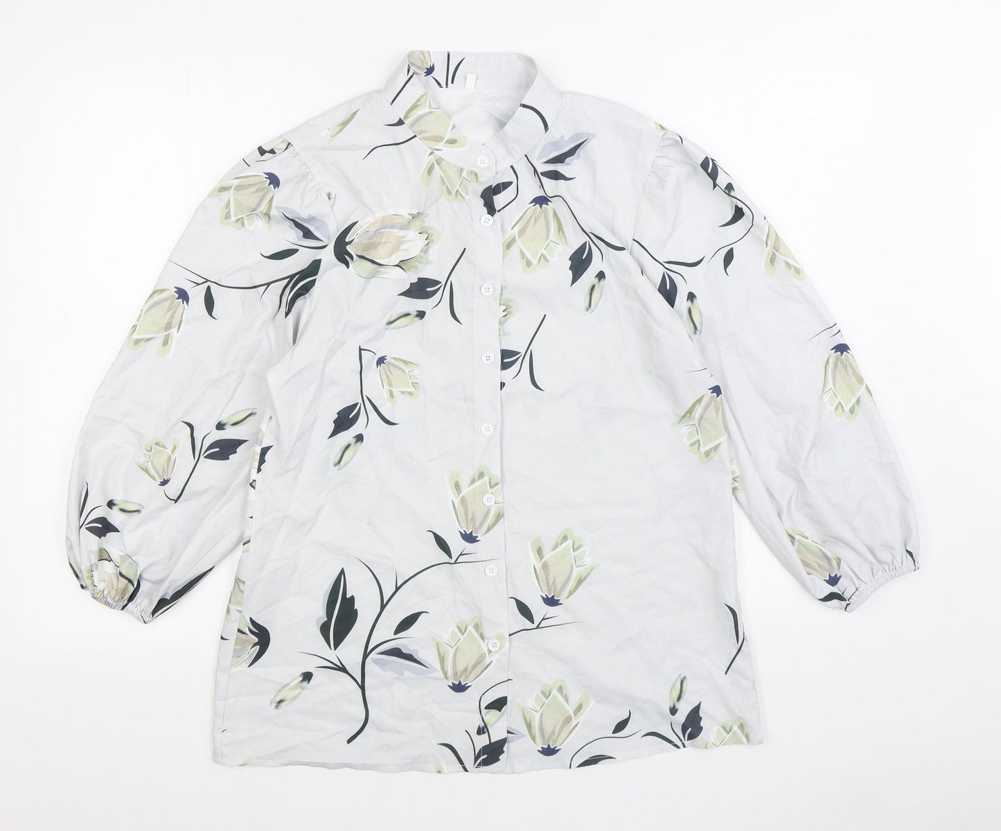 Preworn Womens Grey Floral Cotton Basic Blouse Size M Round Neck