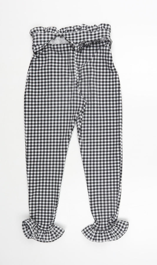 PRETTYLITTLETHING Womens Black Check Polyester Cropped Trousers Size 6 L24 in Regular