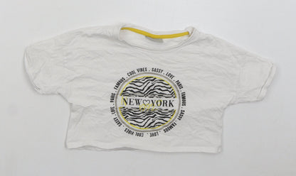 Matalan Girls White Cotton Cropped T-Shirt Size 9 Years Crew Neck Pullover - New York