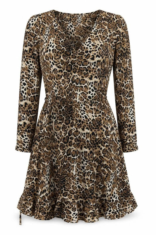 Sosandar Womens Beige Animal Print Polyester Skater Dress Size 8 V-Neck Pullover
