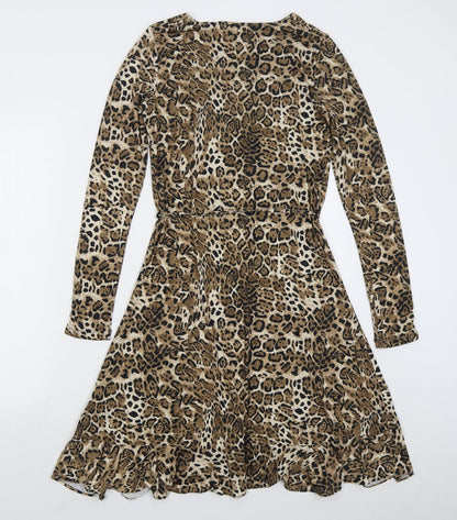 Sosandar Womens Beige Animal Print Polyester Skater Dress Size 8 V-Neck Pullover