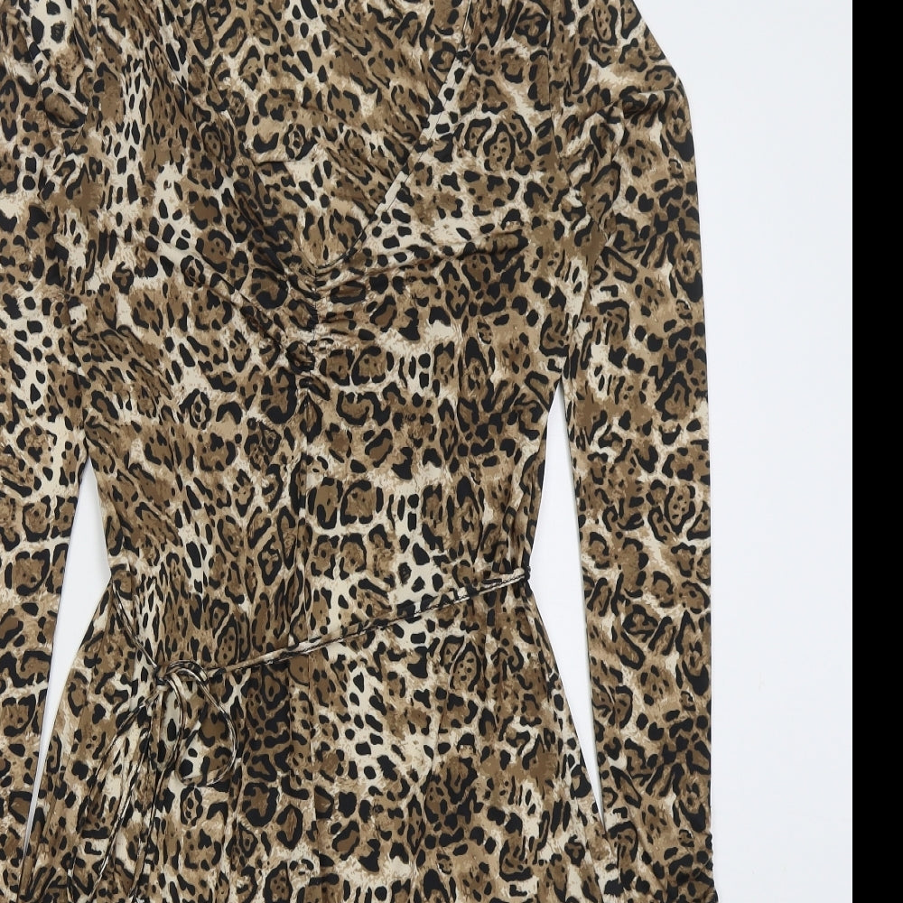 Sosandar Womens Beige Animal Print Polyester Skater Dress Size 8 V-Neck Pullover