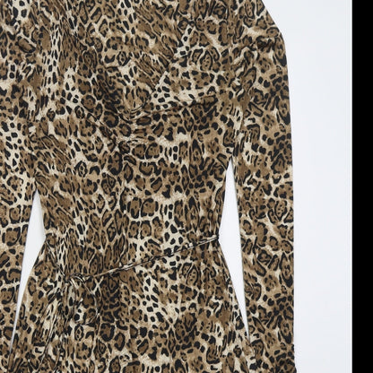 Sosandar Womens Beige Animal Print Polyester Skater Dress Size 8 V-Neck Pullover