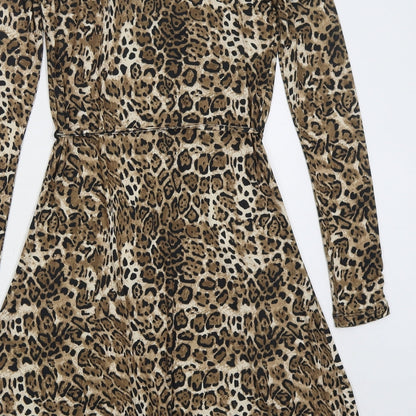 Sosandar Womens Beige Animal Print Polyester Skater Dress Size 8 V-Neck Pullover