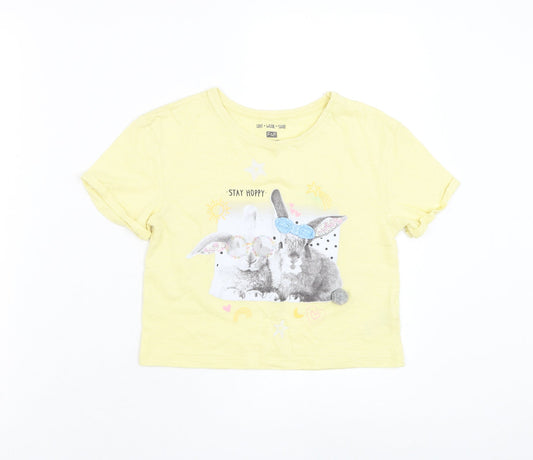 F&F Girls Yellow Cotton Basic T-Shirt Size 7-8 Years Round Neck Pullover - Rabbit