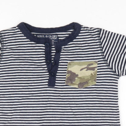 Soul & glory Boys Blue Striped Polyester Jersey T-Shirt Size 3-4 Years V-Neck Pullover