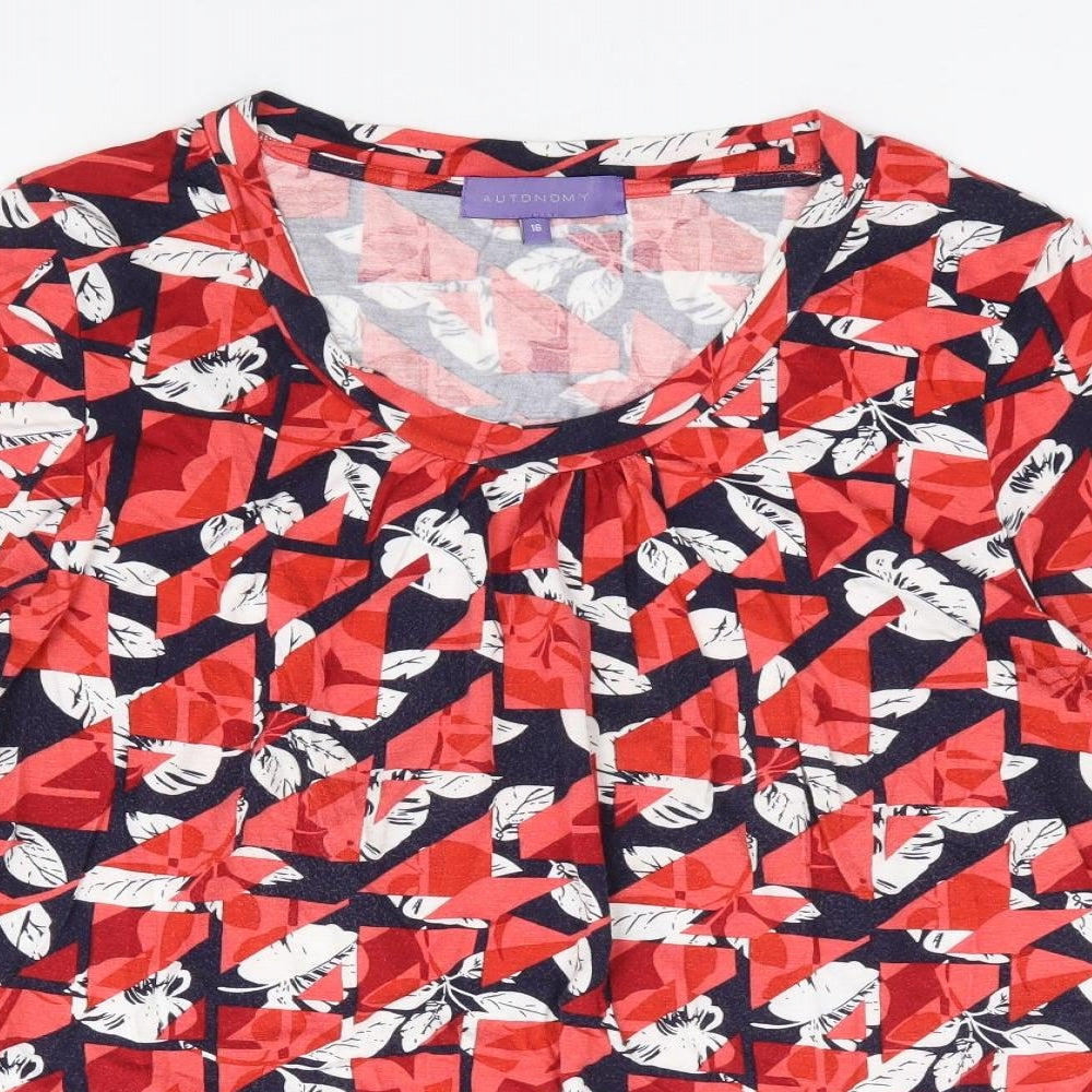 Autonomy Womens Red Geometric Viscose Jersey T-Shirt Size 16 Round Neck