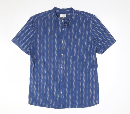 George Mens Blue Striped Cotton Button-Up Size XL Crew Neck Button
